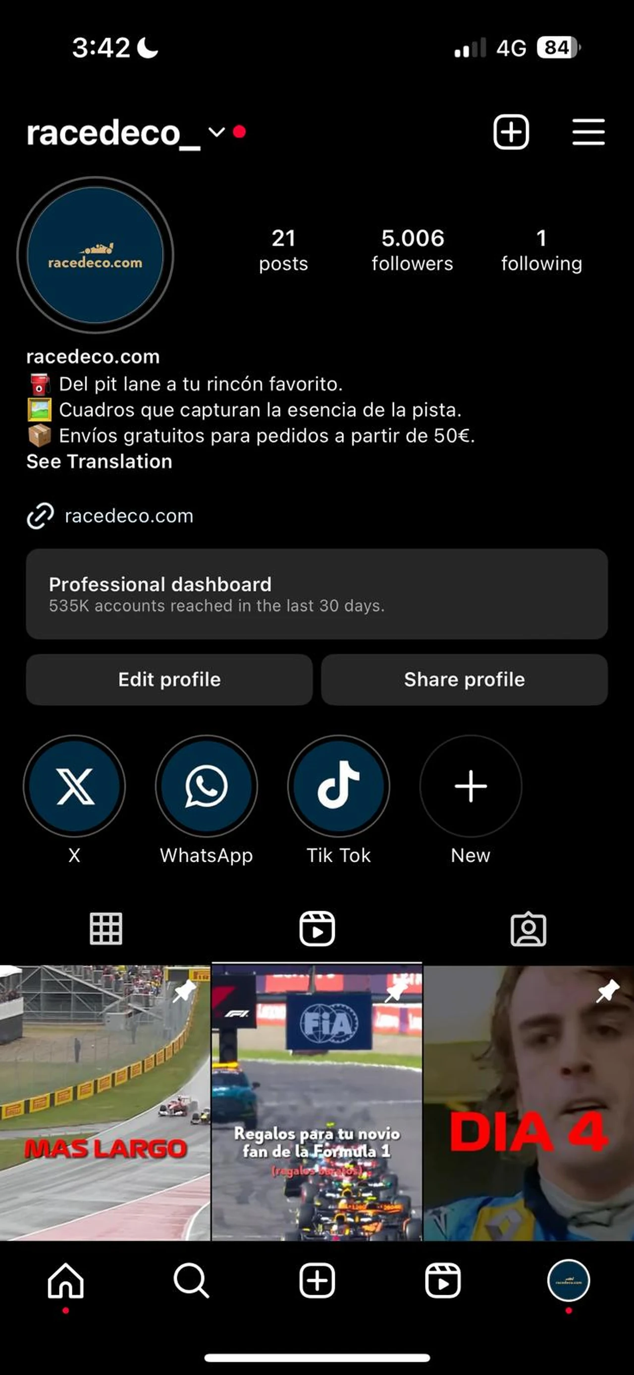 Racedeco Instagram profile snapshot showing 5,006 followers and 535K accounts reached